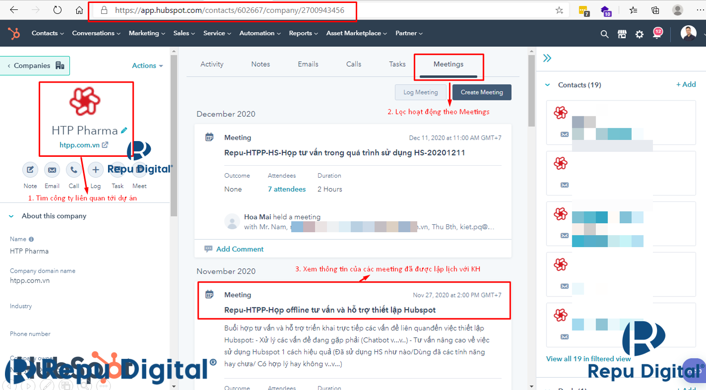 Hướng dẫn lọc hoạt động chăm sóc khách hàng theo dự án, công ty, contact trong HubSpot-01