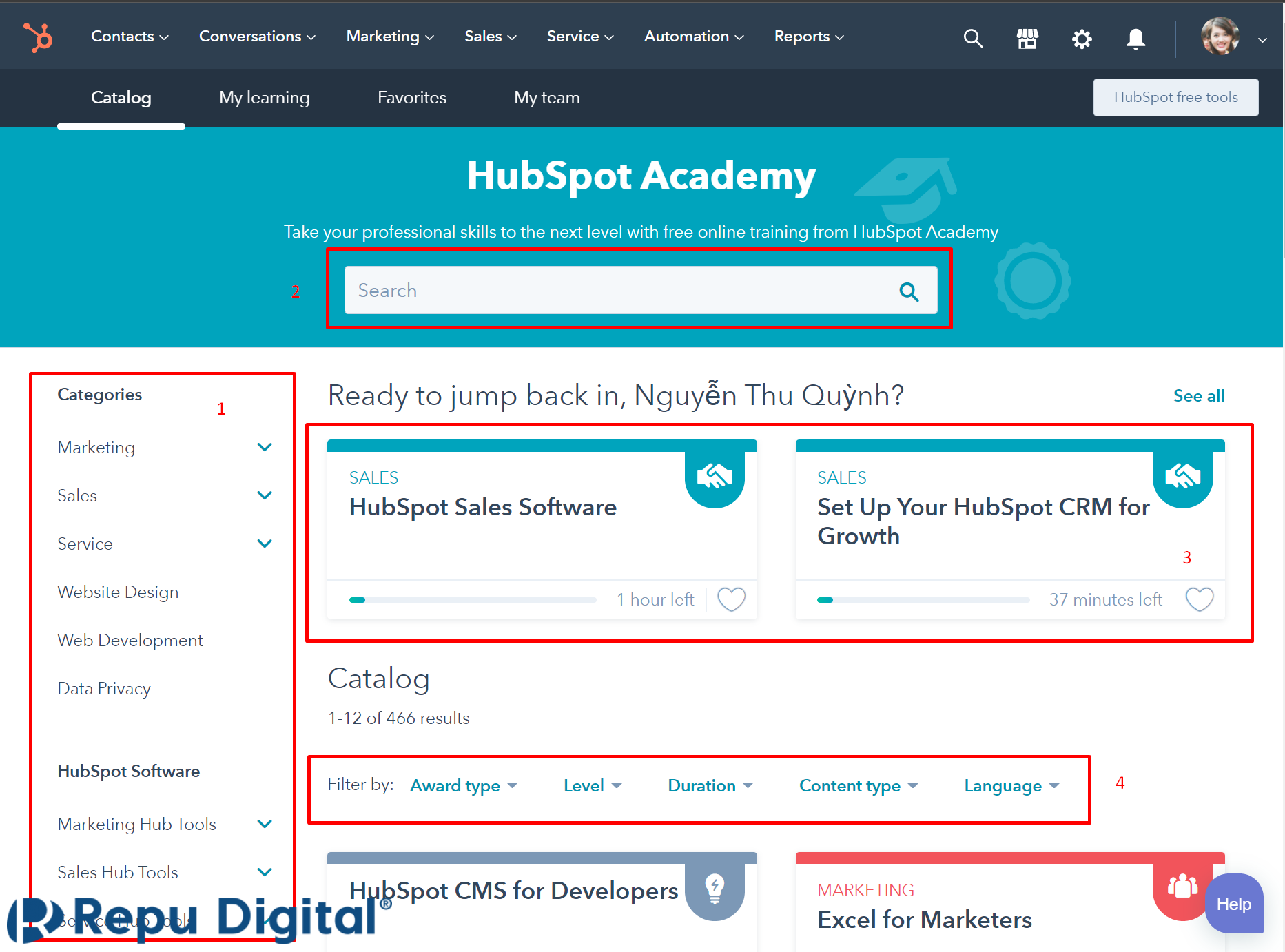Giao diện tổng quan của HubSpot Academy