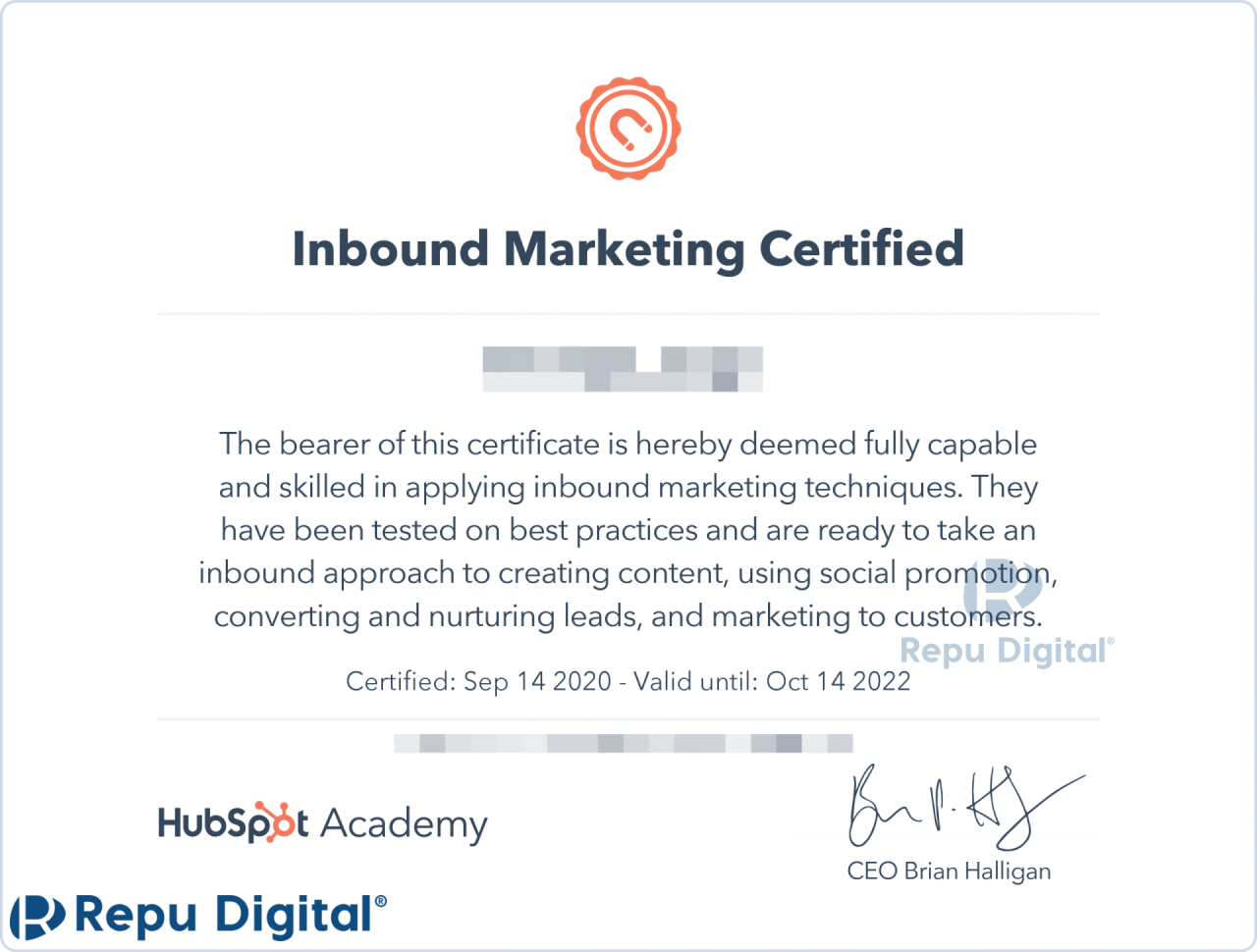 Mẫu chứng chỉ HubSpot Academy - Inbound Marketing