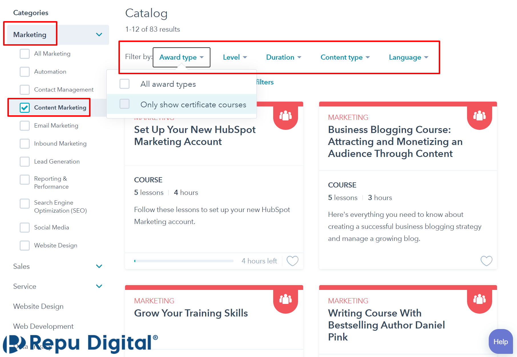 Tìm khóa học trong HubSpot Academy theo Chuyên mục Categories