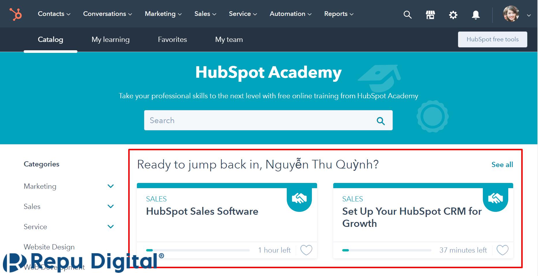 Xem lại các khóa đang học dở hoặc đã học trong HubSpot Academy