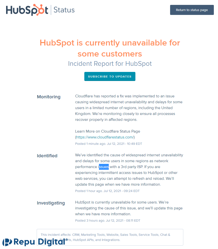 Lỗi HubSpot 12/07/2021 - Theo dõi nguyên nhân và tình trạng khắc phục