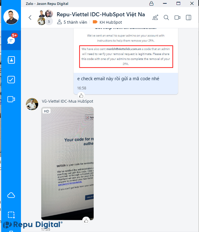 Gửi Repu & HubSpot Việt Nam mã code để được hỗ trợ gỡ xác thực 2 yếu tố trong HubSpot