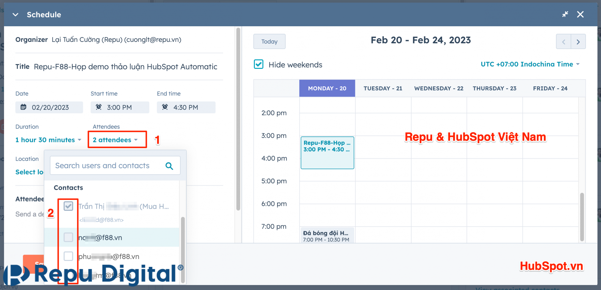 Hướng dẫn tạo lịch họp trong HubSpot Meeting - Chọn người tham dự