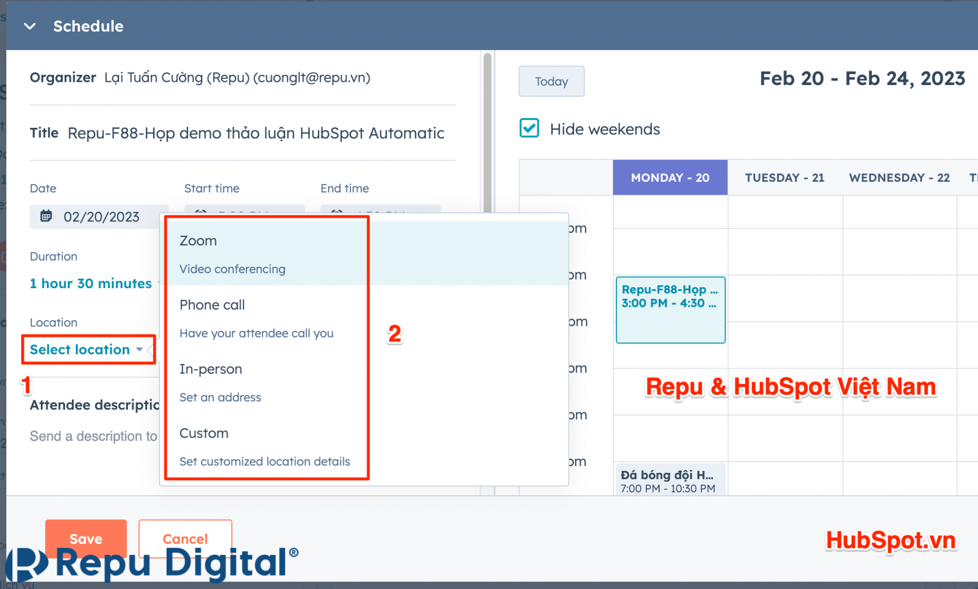 Hướng dẫn tạo lịch họp trong HubSpot Meeting - Chọn địa điểm họp: Zoom, gọi điện hoặc gặp trực tiếp