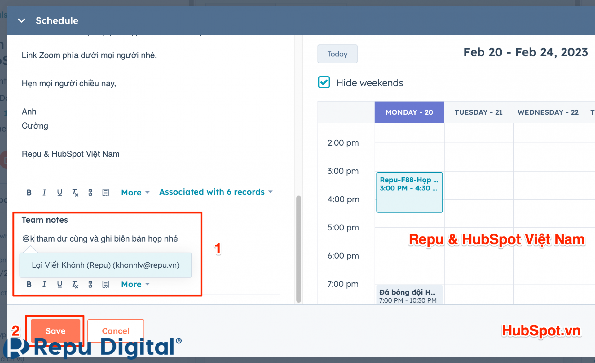 Hướng dẫn tạo lịch họp trong HubSpot Meeting - Nhập ghi chú cho các thành viên nội bộ tham gia họp cùng