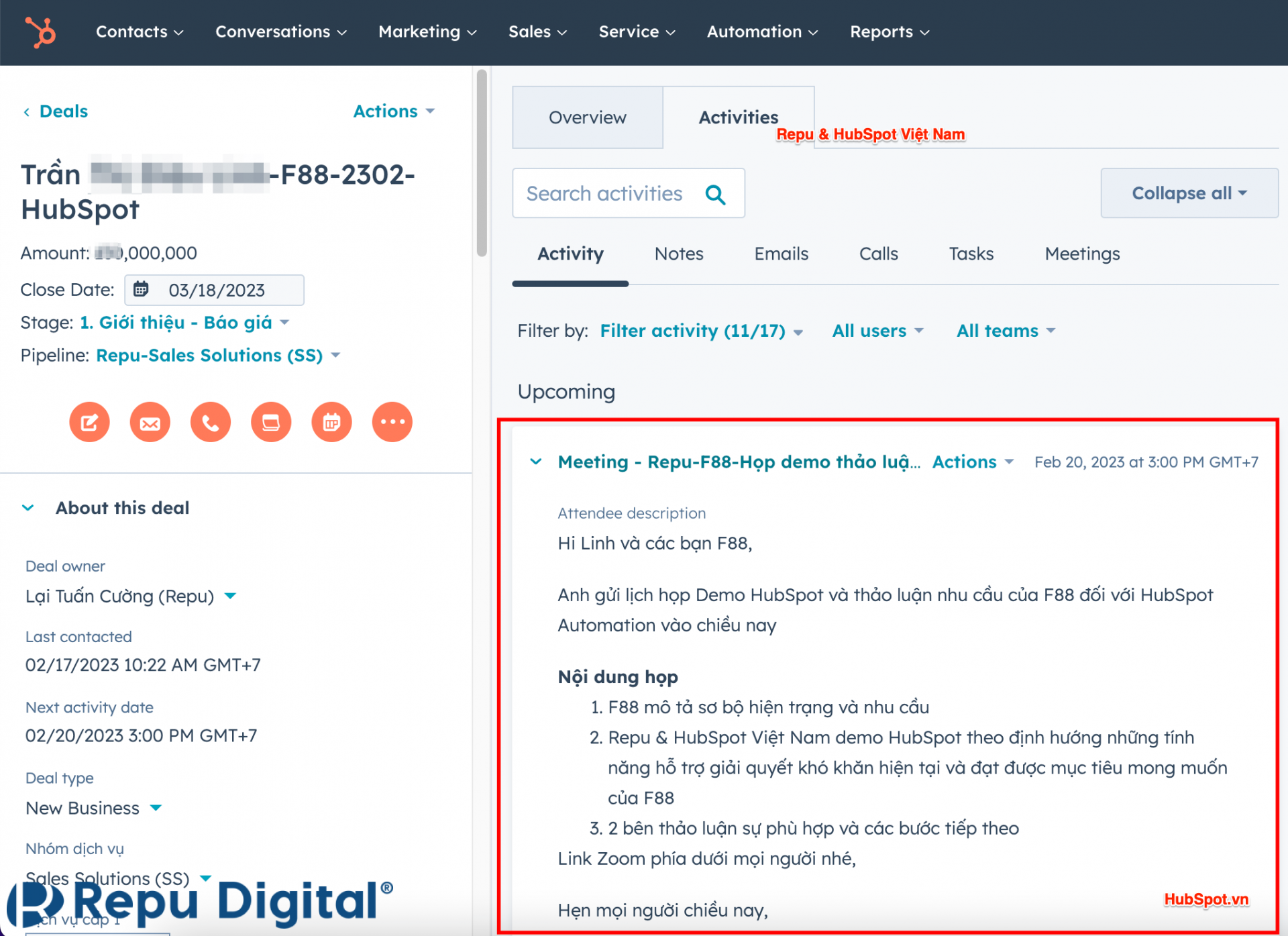 Hướng dẫn tạo lịch họp trong HubSpot Meeting - Sau khi tạo xong, lịch họp được lưu và hiển thị trong lịch sử