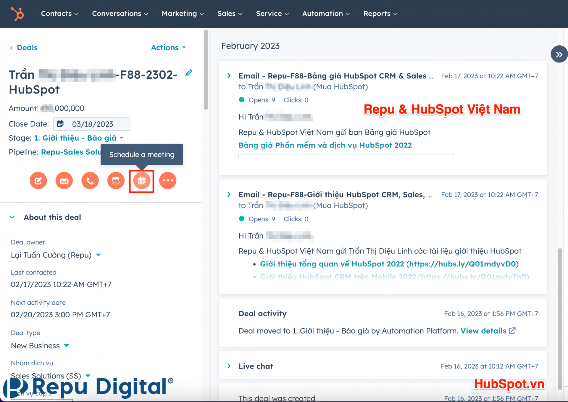 Bước 1: Tạo lịch họp trong HubSpot Deal hoặc Contact hoặc Ticket