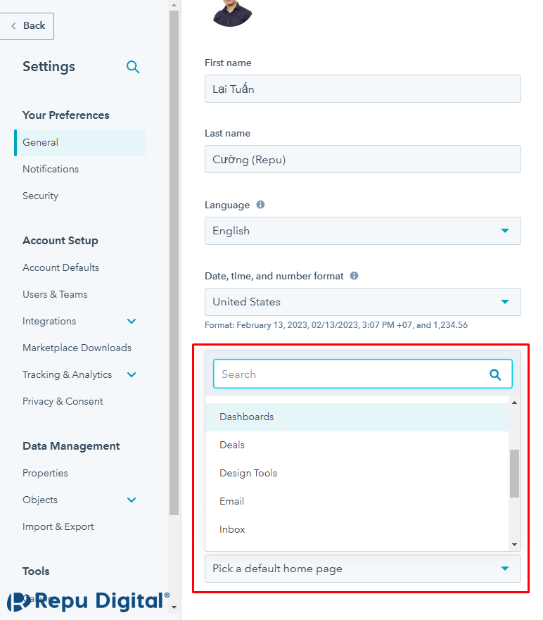 Hướng dẫn thiết lập màn hình mặc định sau khi đăng nhập HubSpot - Bước 2