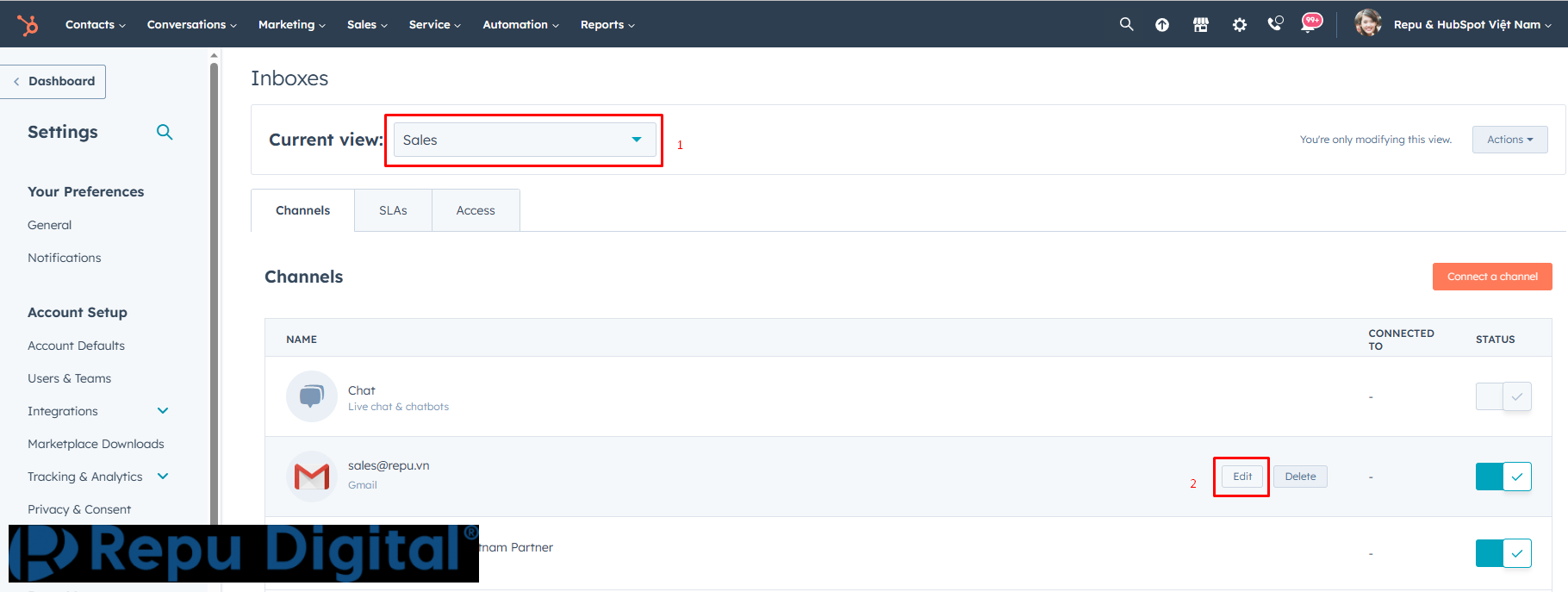Cách Thiết lập chữ ký Email Signature trong HubSpot Inbox-02. Edit Team Email đã được kết nối vào Inbox tương ứng