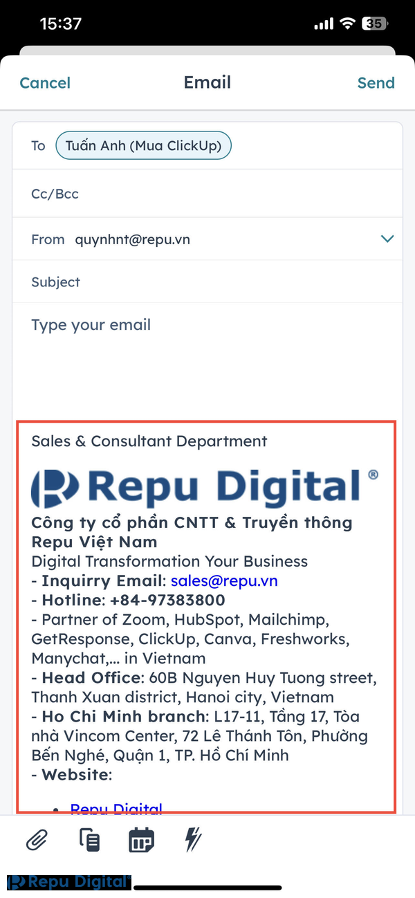 Gửi email cho KH qua HubSpot mobile xem chữ ký đã được chưa 02
