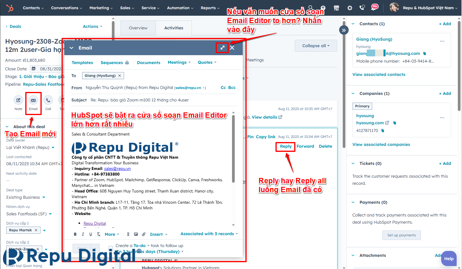 Gửi email trong HubSpot - Soạn Email với cửa sổ HubSpot Email Editor to hơn trong Deal, Ticket, Contact, Company