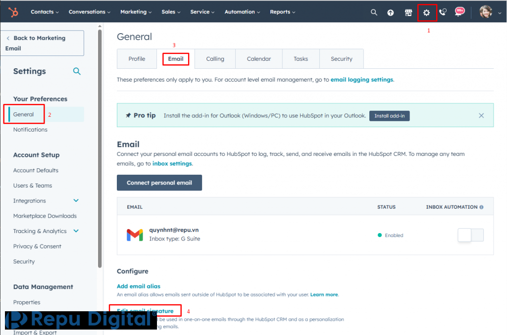 Thiết lập chữ ký trong HubSpot cho Personal Email-01. Vào Email Settings