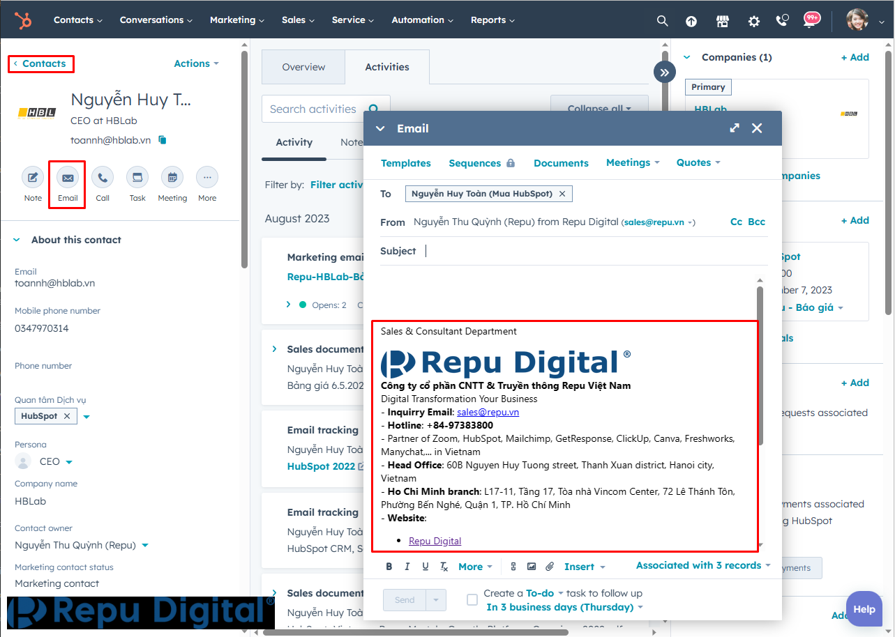 Thiết lập chữ ký Email Signature trong HubSpot cho Personal Email-03. Gửi email tới KH từ màn hình Contact, Deal, Ticket,... trên HubSpot Desktop, Mobile app