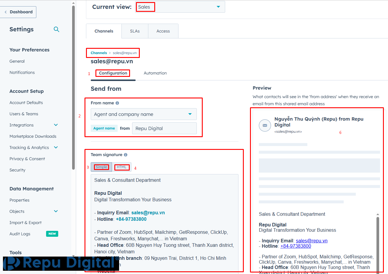 Thiết lập chữ ký Email Signature trong HubSpot Inbox-03. Thiết lập chữ ký cho team email